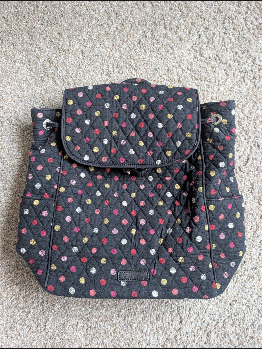 ​Vera Bradley Backpack Quilted Black Polka Dot Travel School Bookbag Daypack Tot